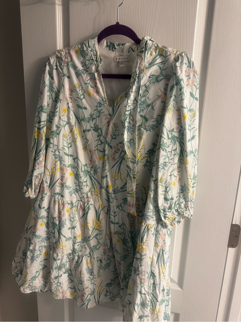 crown & ivy White Floral Mini Dress with Green and Yellow Print